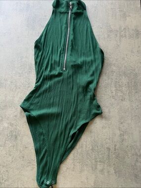 Forever 21 Dark Green Ribbed Zip-Front Halter Bodysuit